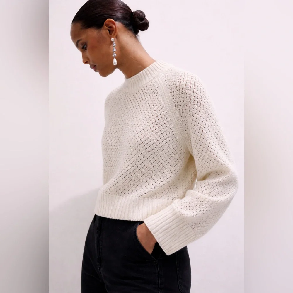 ME+EM White Open-Knit Cotton Sweater Tagged size L, fits more like S-M (!) - Picture 1 of 12